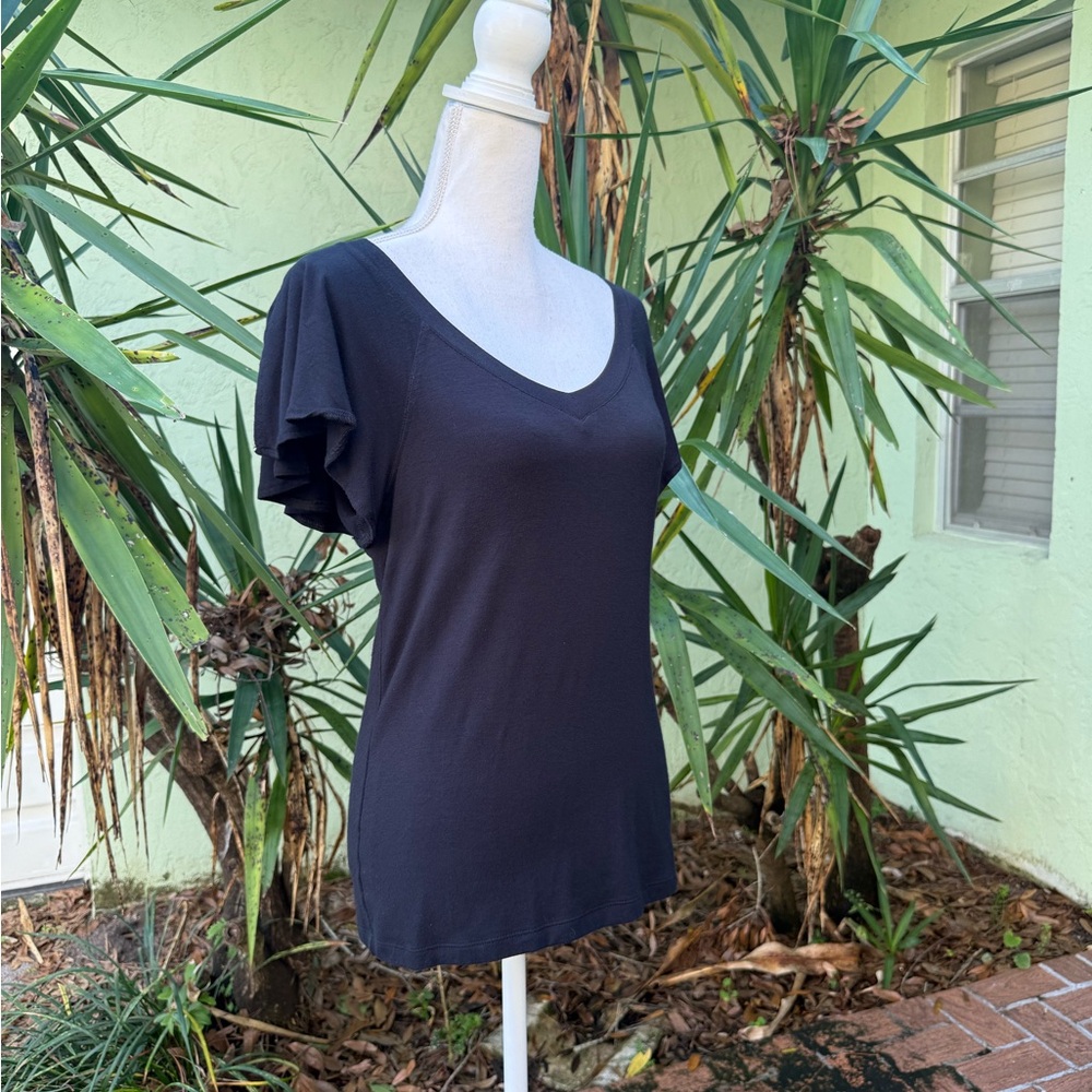 Black V Neck Ruffle Flutter Sleeves Tshirt